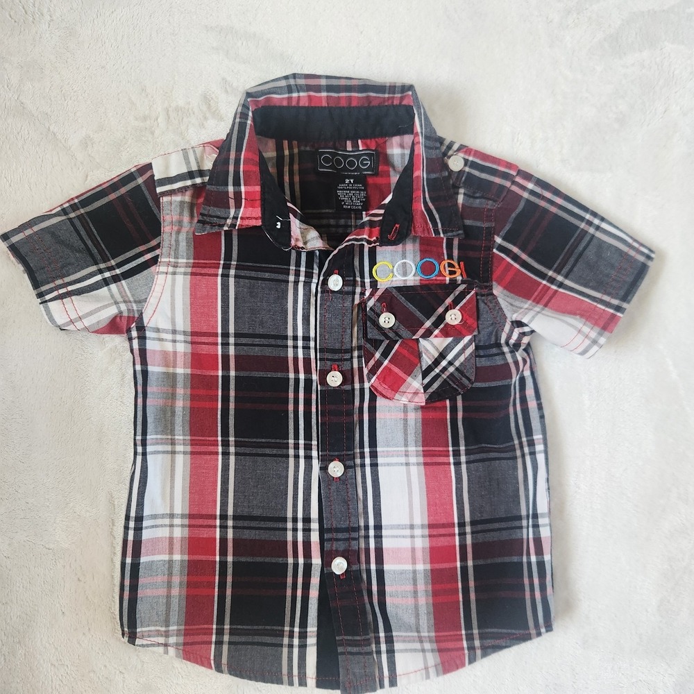 COOGI Boys 2T Short Sleeve‎ Button Up  Black Red White Plaid